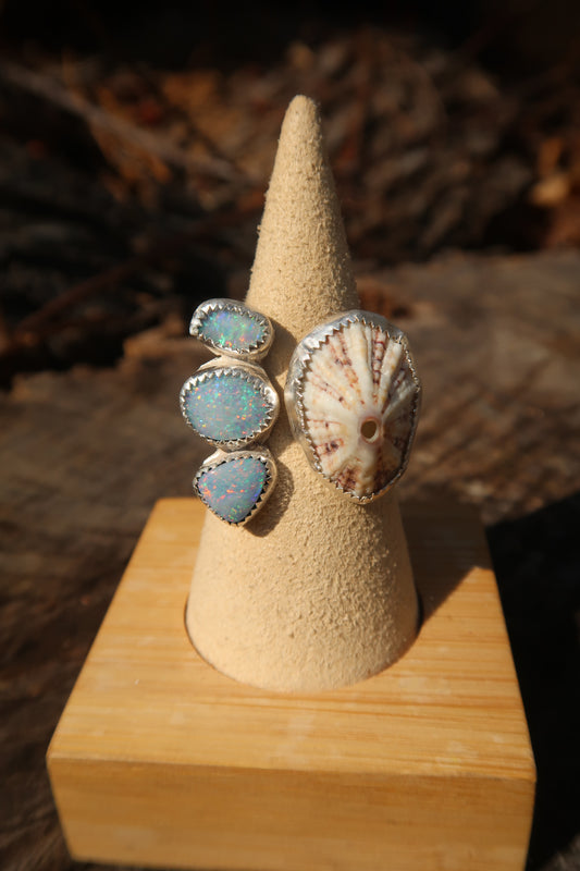 Triple opal and opihi shell adjustable ring size 7