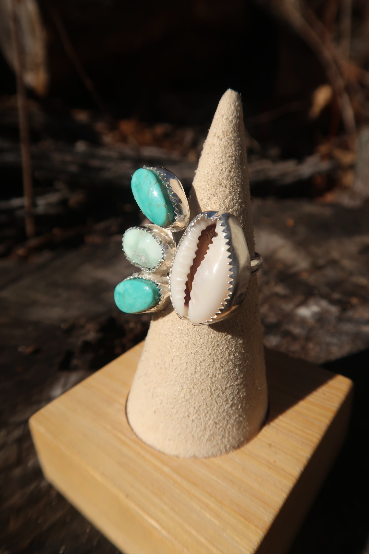 Turquoise and variscite cowrie shell adjustable ring size 5