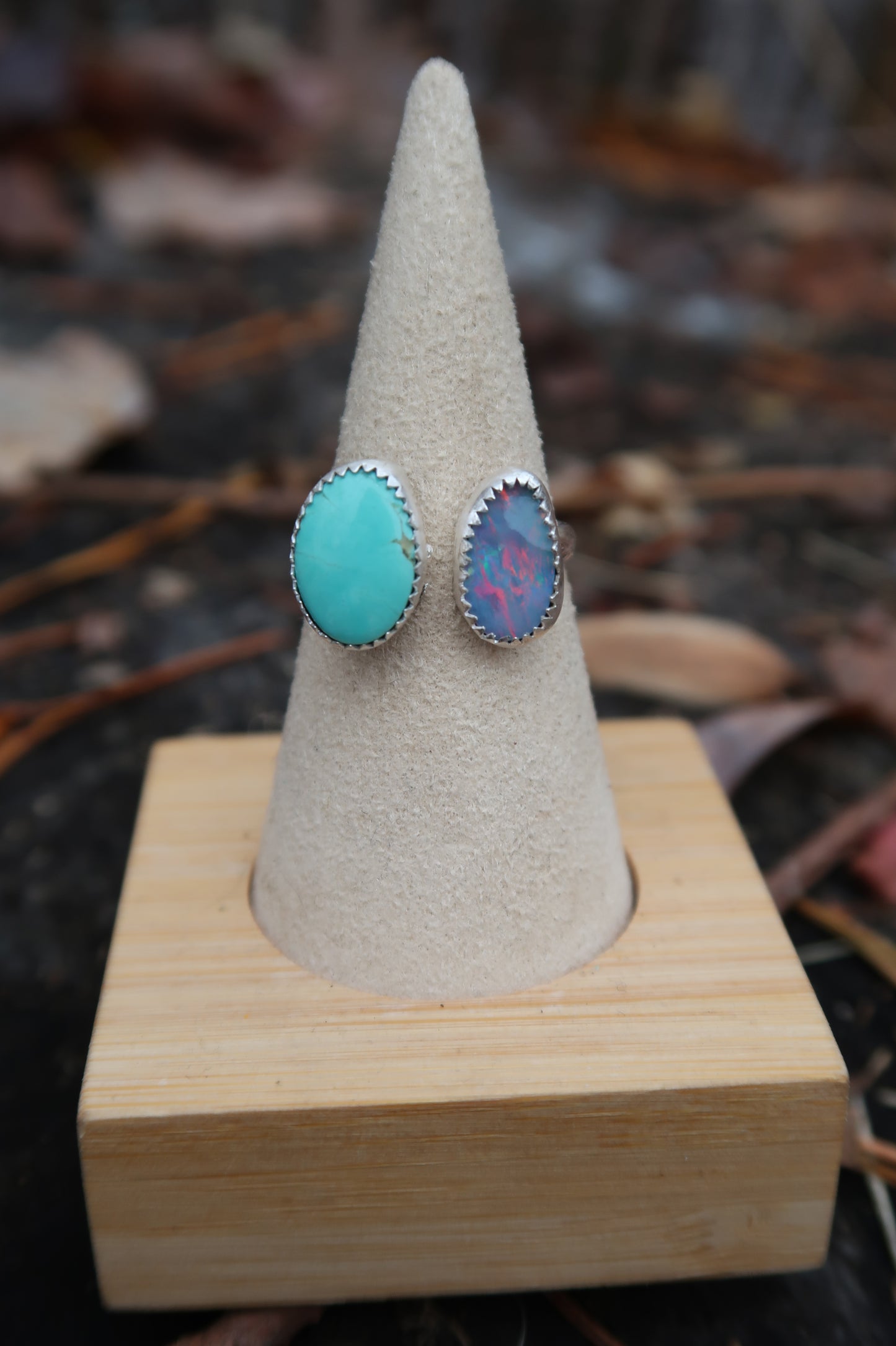 Turquoise and opal open shank ring size 7