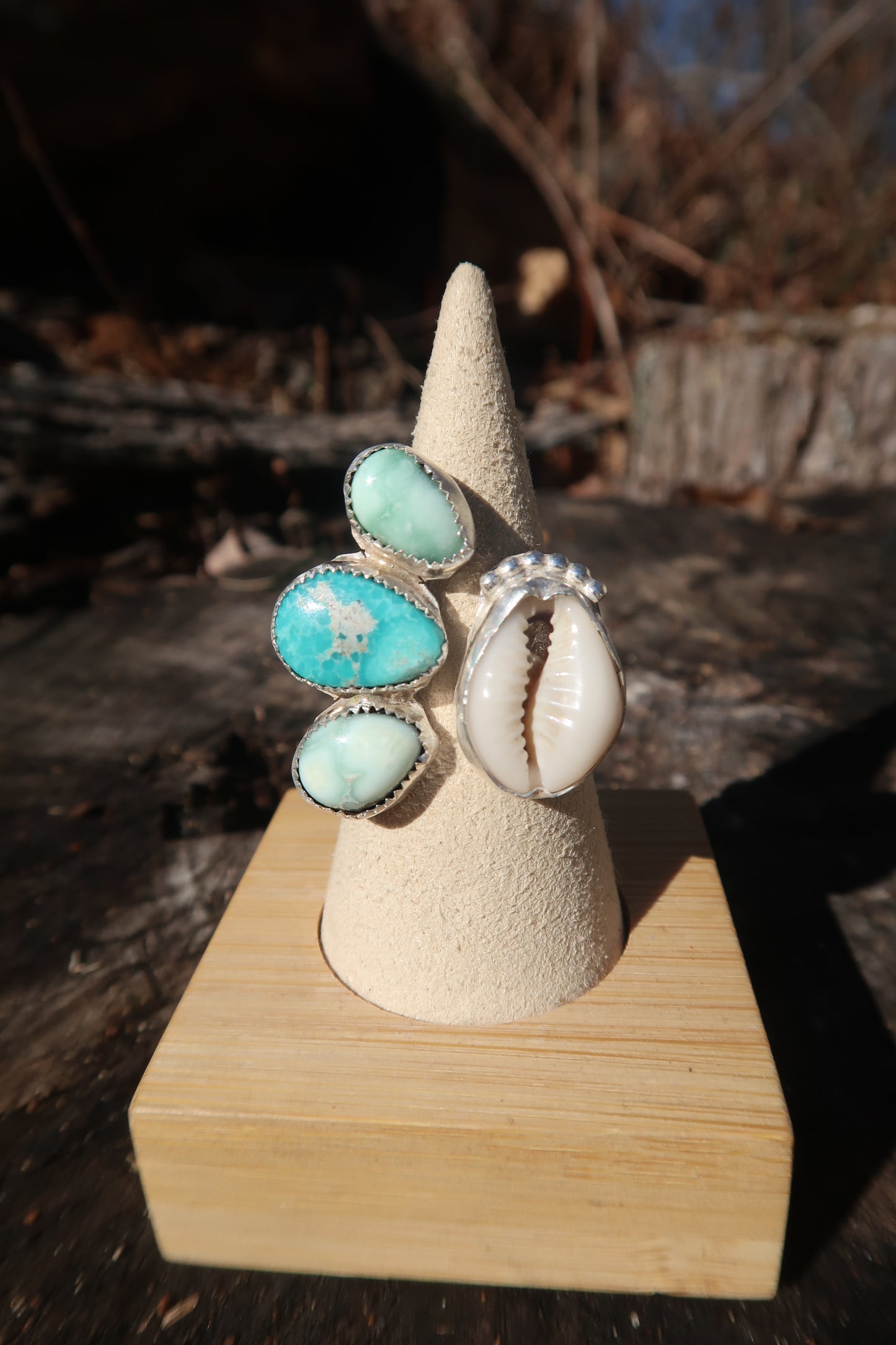White water turquoise and variscite cowrie shell adjustable ring size 8