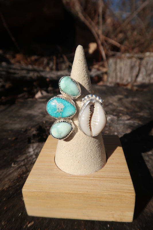 White water turquoise and variscite cowrie shell adjustable ring size 8