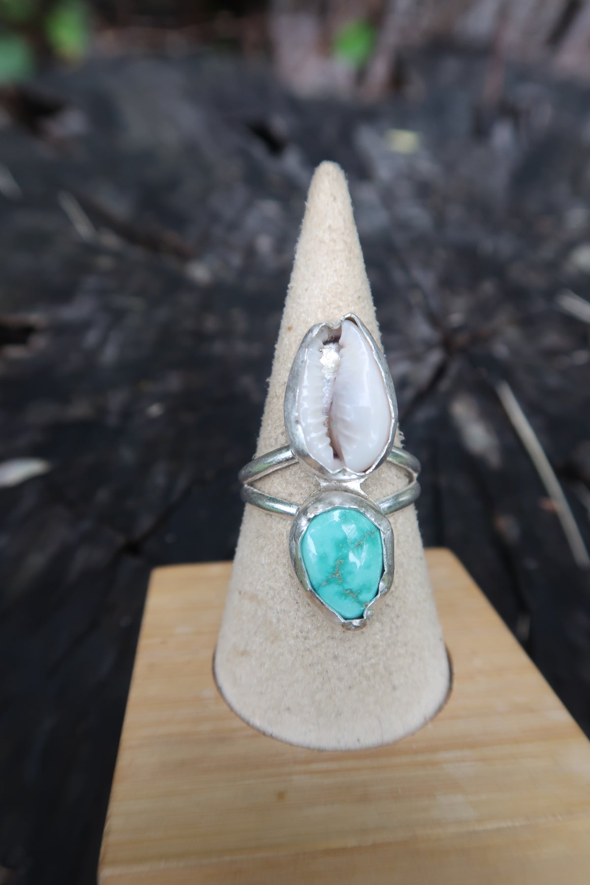 Cowrie shell and verde valley turquoise ring size 10