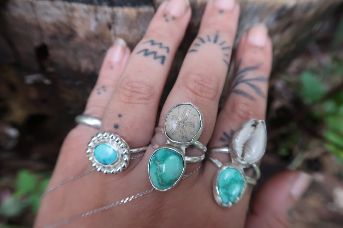 Cowrie shell and verde valley turquoise ring size 10