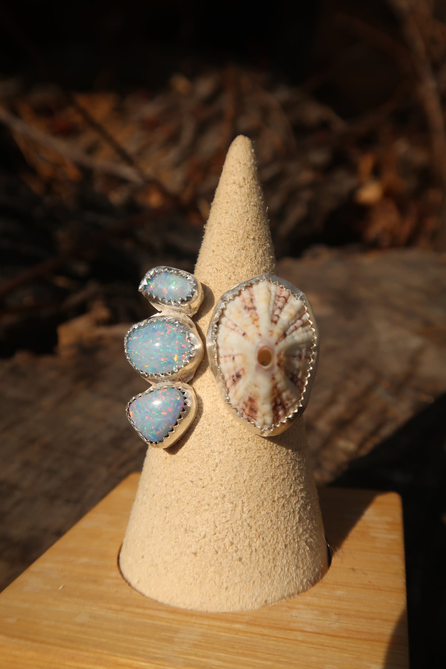 Triple opal and opihi shell adjustable ring size 7