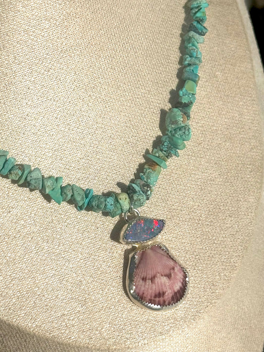 Turquoise necklace with opal and shell 16”