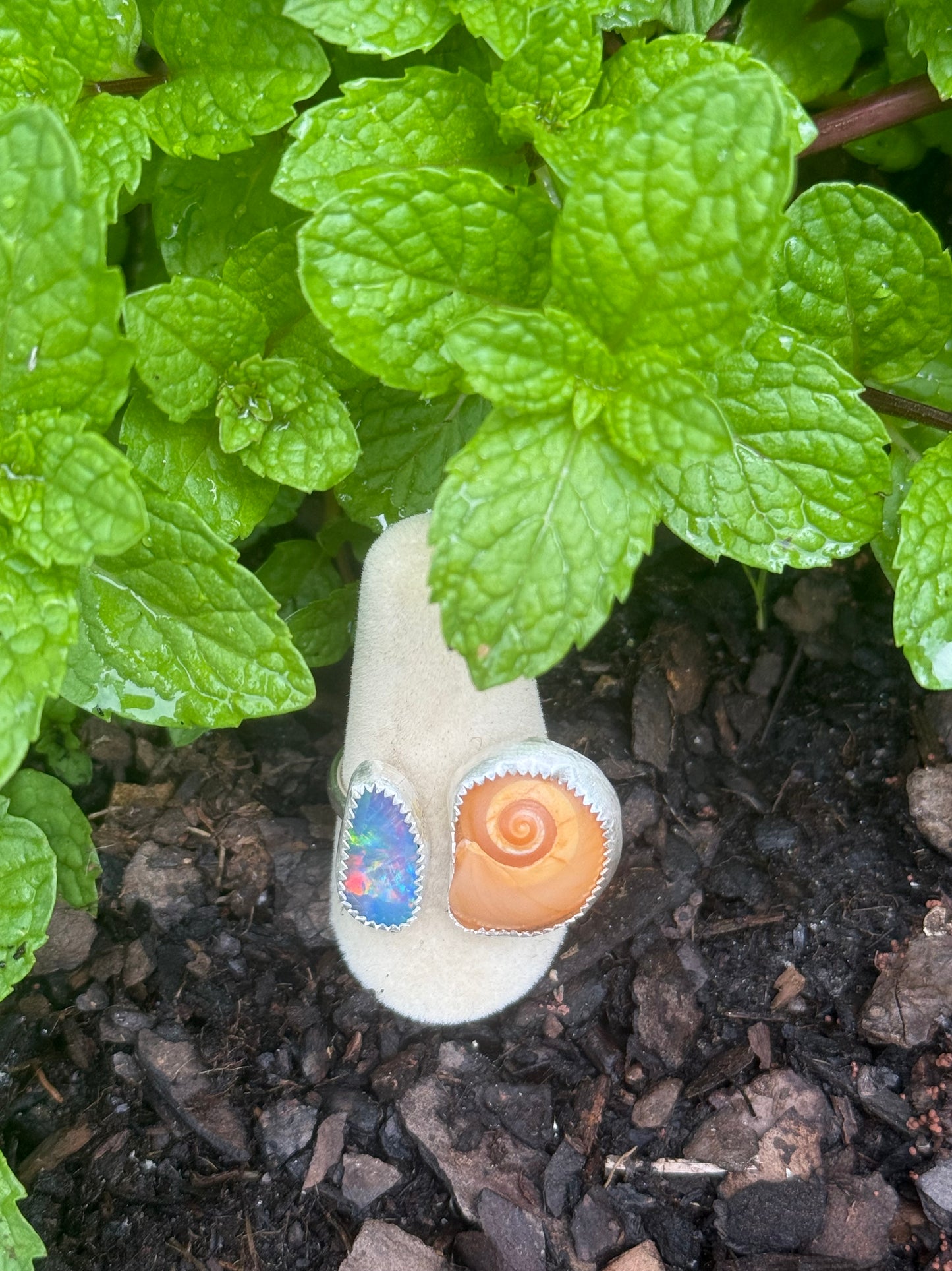Adjustable opal & swirly shell ring size 7
