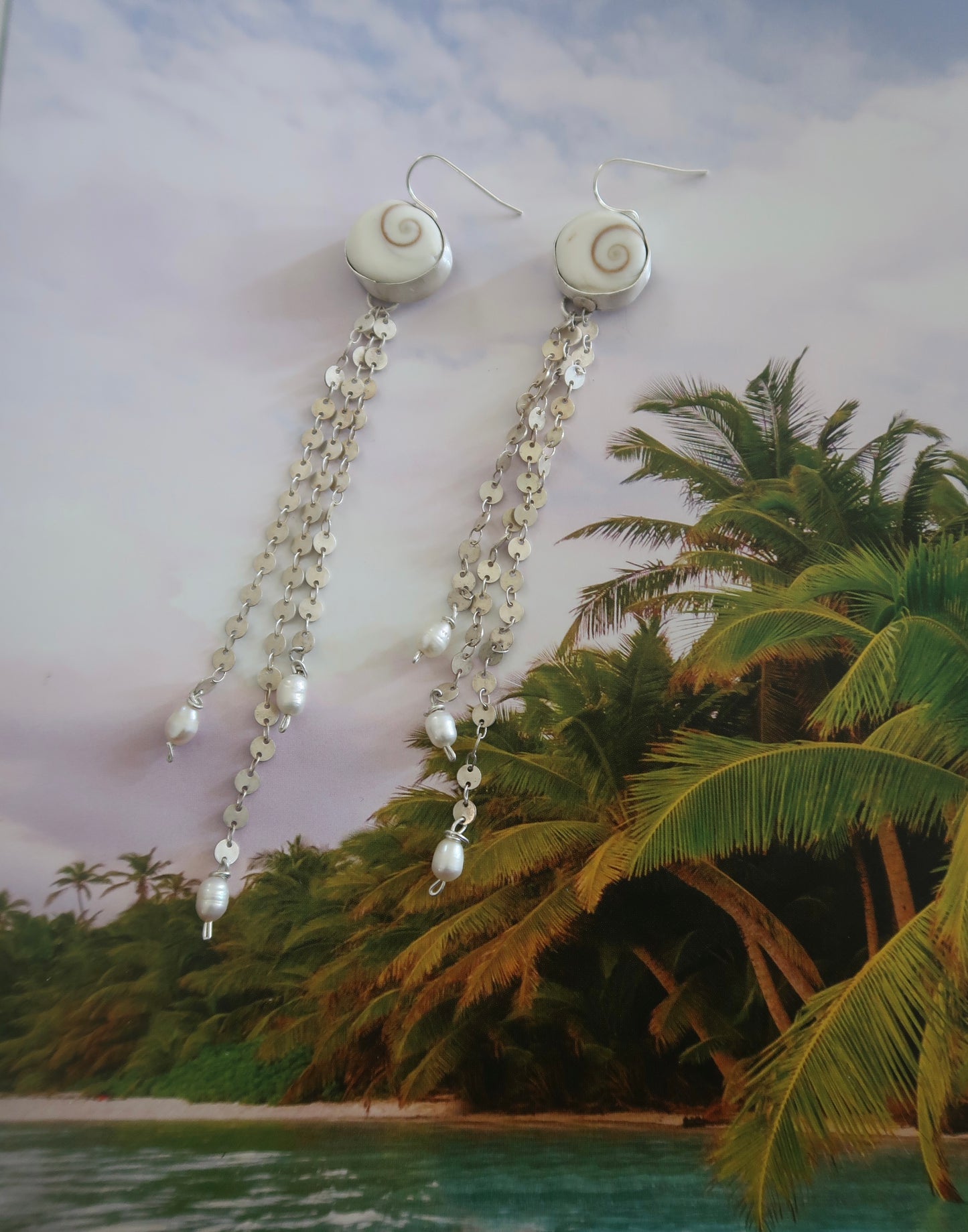 Shiva shell and pearl dangle earrings