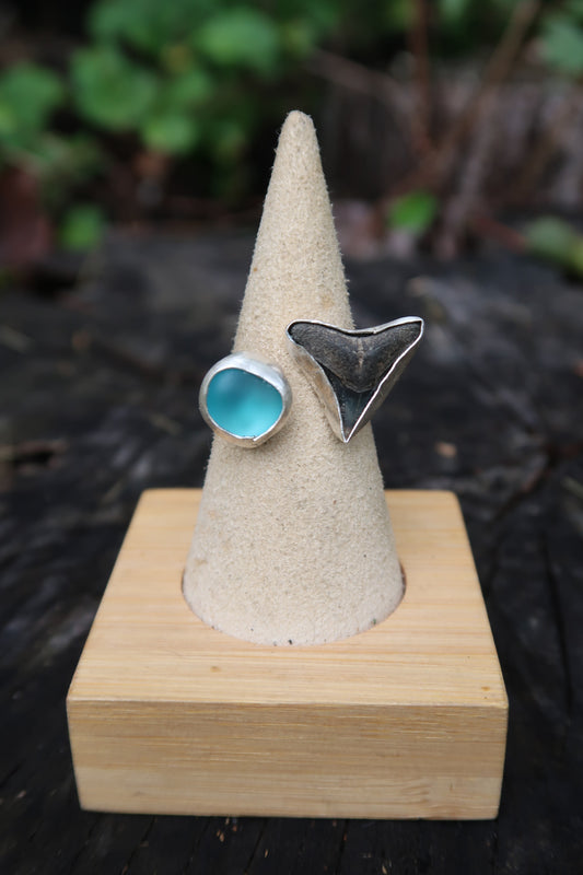 Adjustable blue seaglass and shark tooth ring size 6.5