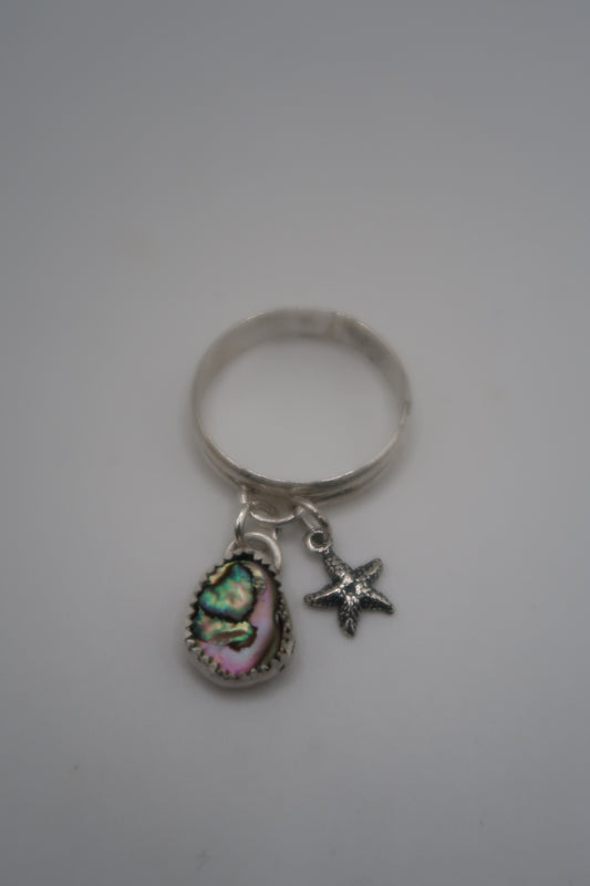 Starfish charm and abalone charm ring size 8