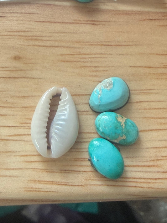 Custom cowrie and triple turquoise adjustable ring for Cortney