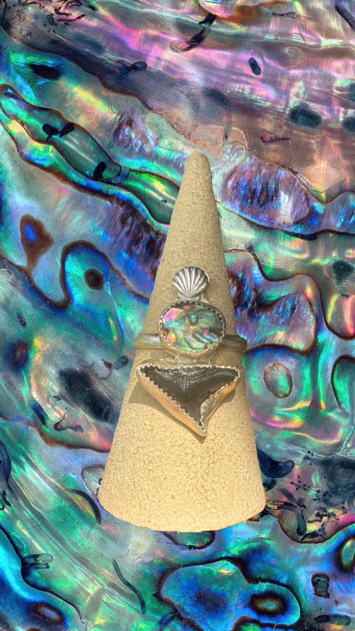 Abalone and shark tooth ring size 8