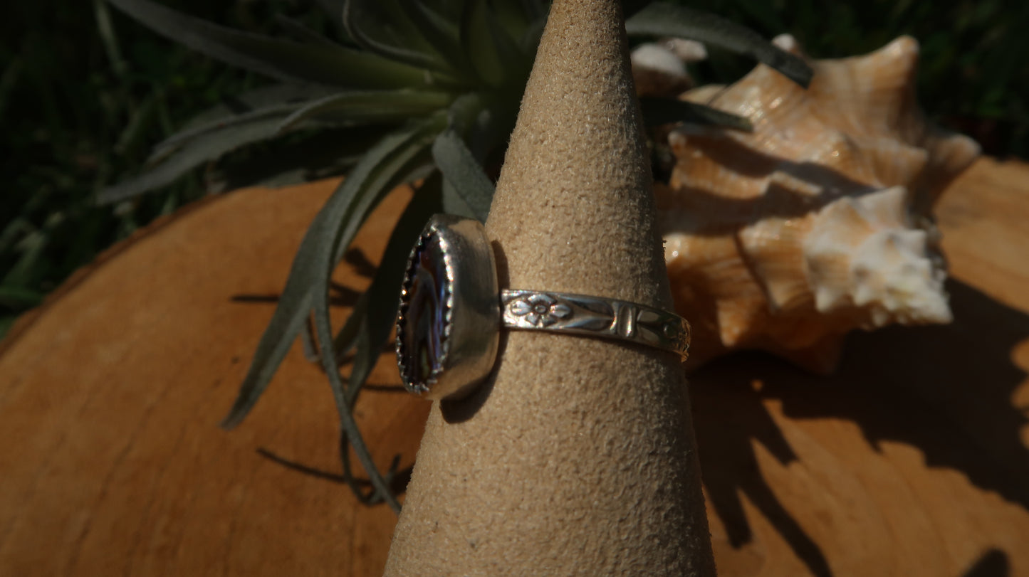 Abalone teardrop on flower band size 6.5