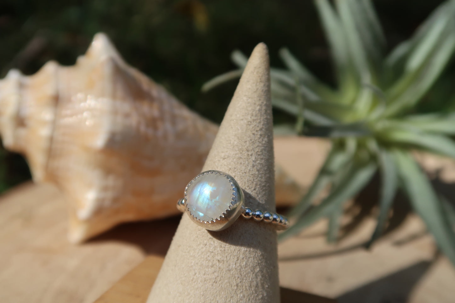 Moonstone ring with beaded band size 9