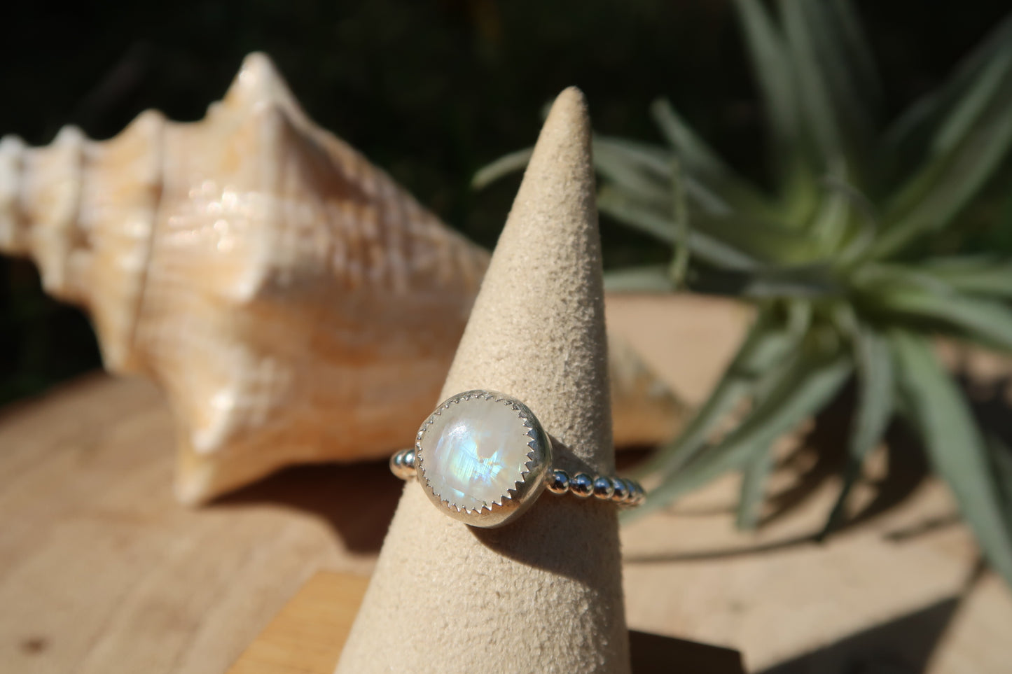 Moonstone ring with beaded band size 9