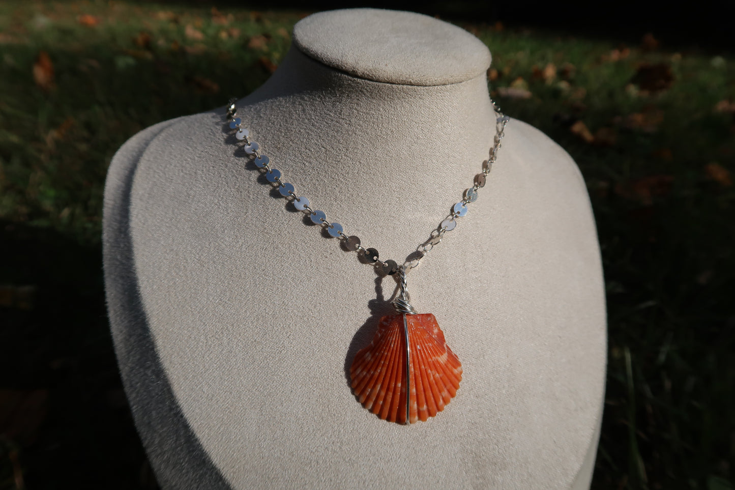 Wire wrapped orange shell necklace