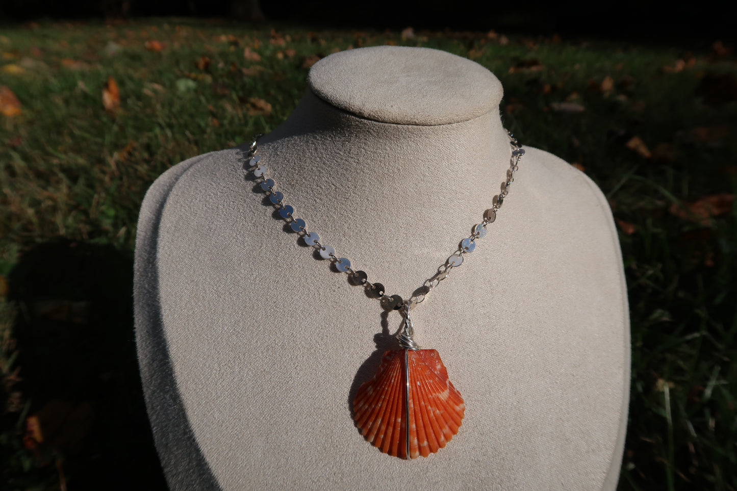 Wire wrapped orange shell necklace