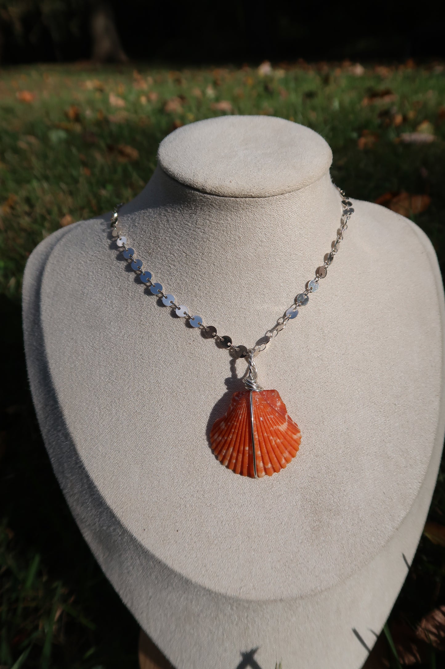 Wire wrapped orange shell necklace