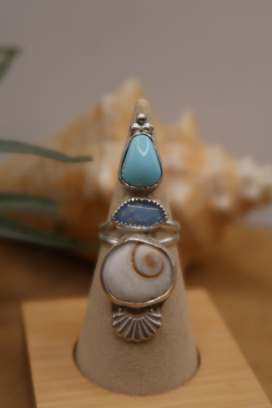 Opal and turquoise shiva shell ring size 6