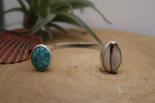 Turquoise and cowrie open cuff