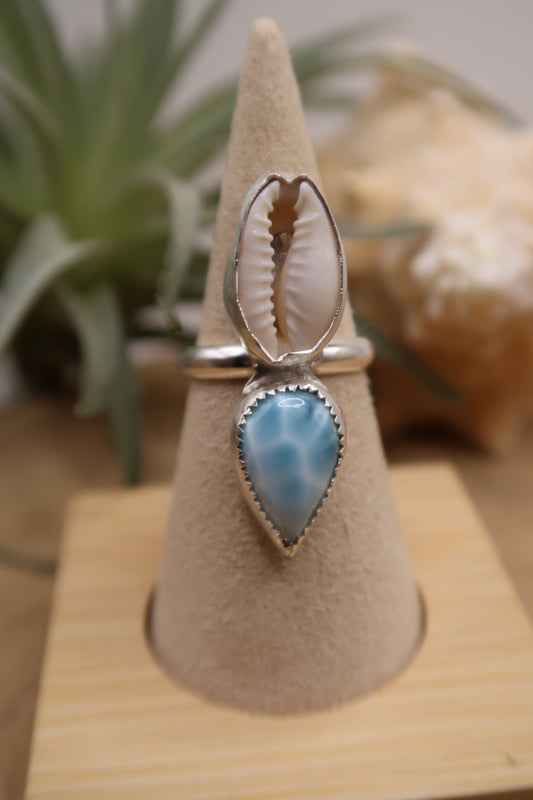 Larimar and cowrie shell ring size 6